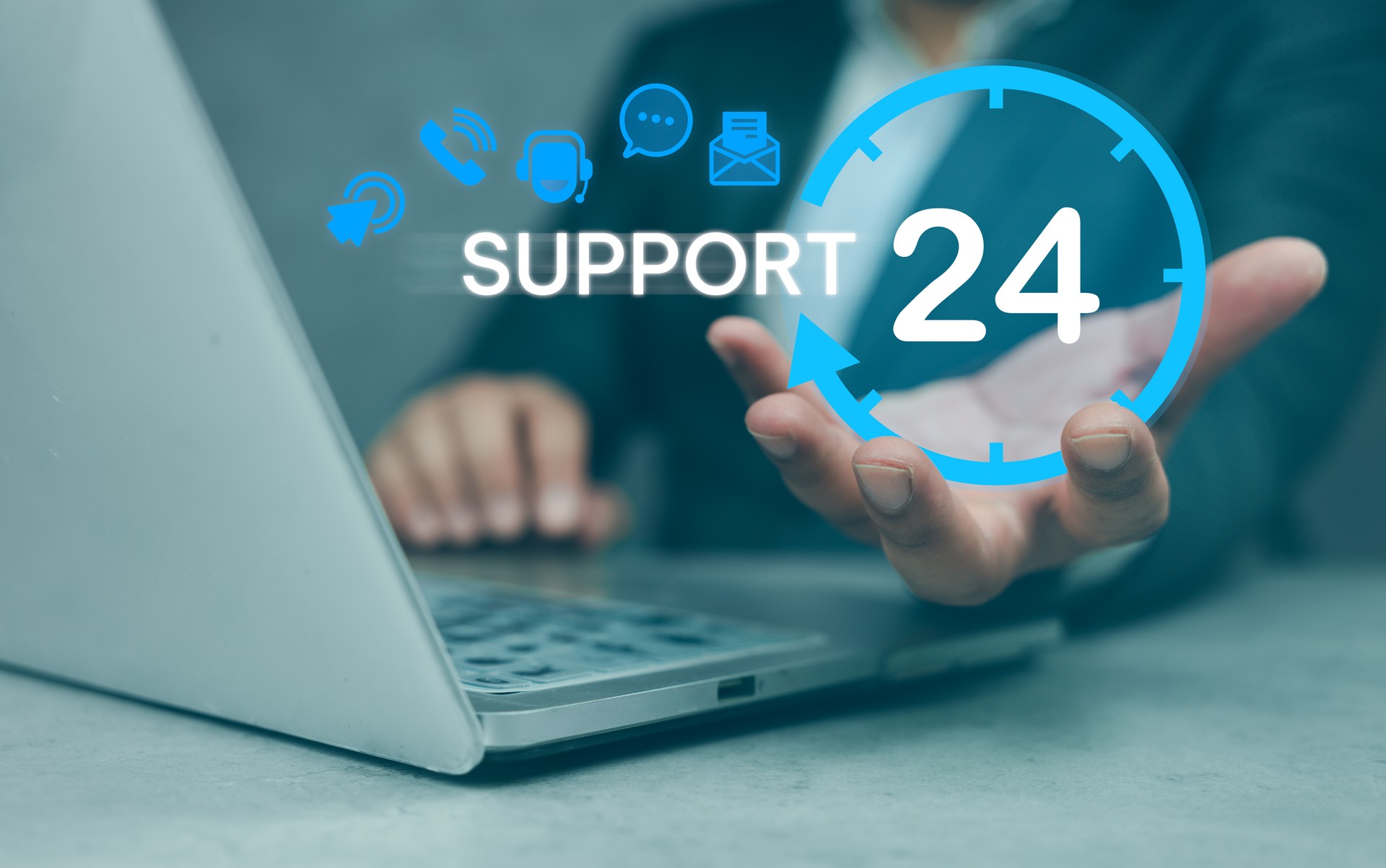 Businessman holding virtual 24 support service icons. Guarantee 24 hour and 7 days. Customer support hotline. Contact us